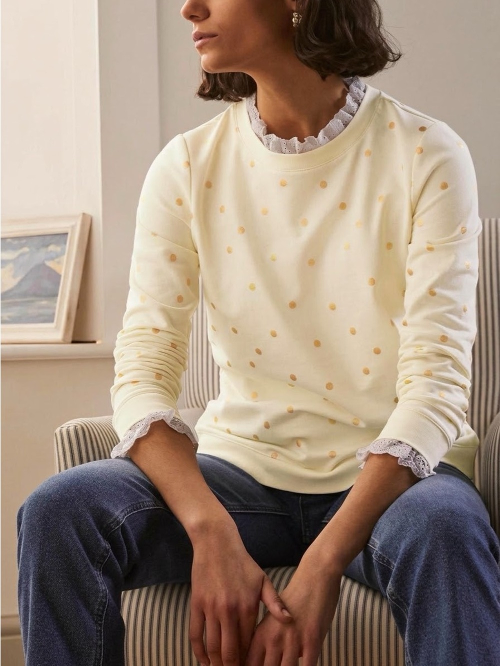 Boden Isla Broderie Ruffle Sweatshirt Gold Polka Dot XL⁠